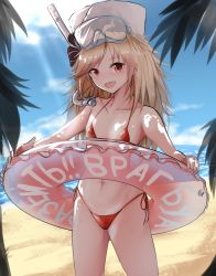 Rule 34 | 1girl, :d, bare arms, bare shoulders, beach, bikini, black bow, blonde hair, blue sky, blush, bow, cloud, cloudy sky, collarbone, commentary request, day, diving mask, diving mask on head, fur hat, girls&#039; frontline, goggles, goggles on head, hair bow, hat, highleg, highleg bikini, highres, holding, holding swim ring, horizon, innertube, long hair, micro bikini, nagant revolver (girls&#039; frontline), ocean, open mouth, outdoors, palm tree, red bikini, red bow, red eyes, russian text, sand, side-tie bikini bottom, sky, smile, snorkel, solo, striped, striped bow, swept bangs, swim ring, swimsuit, take (trude1945oneetyan), translated, tree, water, white hat