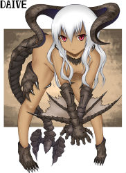 Rule 34 | 1girl, bad id, bad pixiv id, bent over, black diablos, capcom, claws, daive, dark skin, dark-skinned female, diablos, highres, horns, jewelry, long hair, monster girl, monster hunter (series), necklace, nude, personification, red eyes, solo, tail, white hair