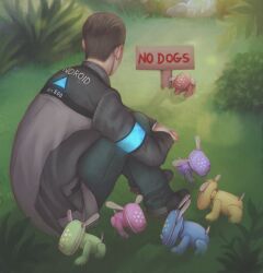 1boy absurdres bush commentary connor_(detroit) detroit:_become_human dog english_commentary from_behind grass highres idog idog_(brand) long_sleeves male_focus noxpetalis outdoors painterly pants realistic sega shirt shoes sign sitting solo toy