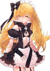Rule 34 | 1girl, apron, armband, belt, belt buckle, black bow, black bra, black dress, blonde hair, bow, bra, buckle, crossed bangs, dress, fangs, frilled dress, frills, garter straps, hair between eyes, hair bow, hair ornament, high collar, highres, knees out of frame, long hair, looking at viewer, maid, maid apron, maid headdress, midriff, moku (muooku), monogatari (series), oshino shinobu, parted lips, pointy ears, shiny skin, simple background, solo, standing, strapless, strapless dress, turning head, underwear, white background, yellow eyes