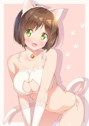 Rule 34 | 1girl, :d, animal ears, bare shoulders, bell, blush, bra, breasts, brown hair, cat cutout, cat ears, cat lingerie, cat tail, choker, cleavage, cleavage cutout, clothing cutout, collarbone, cowboy shot, drop shadow, fake animal ears, fang, frills, gloves, green eyes, hairband, head tilt, highres, idolmaster, idolmaster cinderella girls, jingle bell, kazuma (kazumav), leaning forward, looking at viewer, maekawa miku, medium breasts, meme attire, open mouth, panties, paw print, paw print background, pink background, short hair, side-tie panties, smile, solo, standing, stomach, tail, two-tone background, underwear, v arms, white background, white bra, white choker, white gloves, white panties