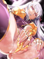 Rule 34 | 1girl, armor, bare shoulders, bikini armor, bracelet, breasts, circlet, crotch, detached sleeves, dress, earrings, fate/grand order, fate (series), from below, gluteal fold, hair ribbon, hajime kaguchi, jewelry, kama (fate), large breasts, long hair, looking at viewer, looking down, nail polish, open mouth, purple dress, purple sleeves, purple thighhighs, red eyes, ribbon, ring, silver hair, smile, thighhighs, thighlet, thighs