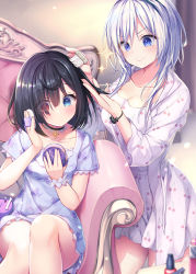 Rule 34 | 2girls, black hair, blue dress, blue eyes, blurry, blush, breasts, brushing another&#039;s hair, brushing hair, cherry print, closed mouth, collarbone, depth of field, dress, feet out of frame, female focus, food print, hair brush, heterochromia, himeji shirayuki, holding another&#039;s hair, indoors, konomi (kino konomi), large breasts, liar liar, long sleeves, looking at another, medium hair, multiple girls, official art, red eyes, shiina tsumugi, short hair with long locks, short sleeves, silver hair, sitting, small breasts, smile, v-shaped eyebrows