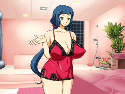 Rule 34 | 1girl, bare arms, bare legs, bare shoulders, bed, blue hair, breasts, cleavage, closed mouth, covered erect nipples, cowboy shot, damenade, green eyes, gundam, gundam build fighters, highres, huge breasts, indoors, iori rinko, legs, lingerie, long hair, looking at viewer, mature female, plant, ponytail, smile, solo, standing, thighs, underwear, very long hair, wall