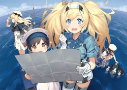 Rule 34 | 4girls, 5girls, abyssal ship, black hair, blonde hair, blue eyes, blue sailor collar, blue shirt, breast pocket, brown eyes, collared shirt, colored skin, commentary request, daitou (kancolle), day, depth charge, double v, dress, fisheye, gambier bay (kancolle), gennosuke, gloves, hair between eyes, hairband, hat, hiburi (kancolle), jervis (kancolle), ka-class submarine, kantai collection, long hair, looking at viewer, machinery, map (object), multicolored clothes, multicolored gloves, multiple girls, on water, open mouth, outdoors, pale skin, pocket, sailor collar, sailor dress, sailor hat, shirt, short hair, short sleeves, shorts, smokestack, thighhighs, twintails, v, white dress, white gloves, white hat, white legwear, white skin