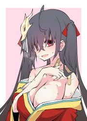 Rule 34 | absurdres, ahoge, azur lane, bandaid, bare shoulders, black hair, bow, breasts, collarbone, commentary, eyes visible through hair, fang, hair bow, highres, japanese clothes, kimono, large breasts, long hair, mask, mask on head, red bow, red eyes, red kimono, sakakiba misogi, sweat, nervous sweating, taihou (azur lane), twintails