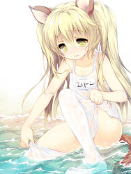 Rule 34 | 1girl, animal ears, bad id, bad pixiv id, blonde hair, bluehole studio, blush, elin, emily (pure dream), highres, long hair, mary janes, one-piece swimsuit, open mouth, school swimsuit, shoes, solo, swimsuit, tail, tera online, thighhighs, uwabaki, water, wet, white school swimsuit, white one-piece swimsuit, white thighhighs, yellow eyes