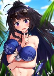 Rule 34 | 1girl, arm across waist, bandeau, bare shoulders, bikini, blue bikini, blue sky, blurry, blurry background, blurry foreground, blush, bow, braid, breasts, choker, cleavage, cloud, collarbone, day, depth of field, eyewear on head, hair ornament, halterneck, hand up, head tilt, highres, honkai (series), honkai impact 3rd, large breasts, long hair, looking at viewer, navel, outdoors, palm tree, ponytail, purple eyes, purple hair, raiden mei, sarong, side braid, sidelocks, signature, sky, smile, solo, stomach, strapless, strapless bikini, sunglasses, swimsuit, tree, upper body, very long hair, xfate