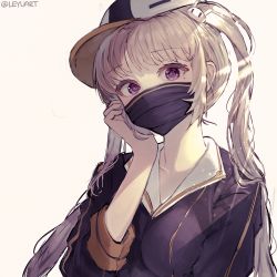 Rule 34 | 1girl, baseball cap, blush, breasts, brown hair, commentary, covered mouth, hair ornament, hand on own cheek, hand on own face, hat, leyu, long sleeves, looking at viewer, maplestory, mask, medium breasts, mixed-language commentary, mole, mole under eye, mouth mask, orchid (maplestory), purple eyes, rabbit hair ornament, silver hair, simple background, solo, twintails, twitter username, upper body, white background