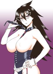Rule 34 | 10s, 1girl, alternate eye color, belt, belt buckle, between breasts, black hair, black nails, boku no hero academia, breastless clothes, breasts, buckle, collar, collarbone, covered erect nipples, cowboy shot, cuffs, dominatrix, domino mask, garter straps, glasses, gradient background, hair between eyes, hand on own hip, hand up, handcuffs, highleg, highres, holding, holding whip, inverted nipples, large breasts, leotard, long hair, looking at viewer, mask, midnight (boku no hero academia), mole, mole under eye, nail polish, nipples, no nipples, parted lips, purple background, red eyes, solo, spiked hair, st.germain-sal, standing, studded collar, teeth, underbust, very long hair, whip, white background
