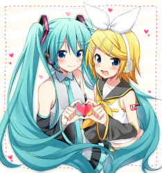 Rule 34 | 2girls, :3, bare shoulders, black skirt, blonde hair, blue eyes, blue hair, blue nails, blue neckwear, blush, breasts, detached sleeves, fingernails, flat chest, framed, grey shirt, hair between eyes, hair ornament, hair ribbon, hairclip, happy, hatsune miku, headset, heart, heart background, heart hands, kagamine rin, long hair, multiple girls, musical note, nail polish, navel, necktie, number tattoo, pleated skirt, ribbon, sailor collar, shirt, short hair, shoulder tattoo, simple background, skirt, sleeveless, sleeveless shirt, small breasts, smile, striped, striped background, sudachi (calendar), tattoo, teeth, treble clef, twintails, upper body, upper teeth only, very long hair, vocaloid, white background, white ribbon, white shirt, yellow nails, yellow ribbon