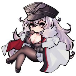 Rule 34 | azur lane, black gloves, breasts, chibi, cleavage, cleavage cutout, cloak, clothing cutout, crossed legs, full body, fur collar, gloves, graf zeppelin (azur lane), hair between eyes, hat, high heels, large breasts, long hair, looking to the side, pantyhose, peaked cap, red eyes, simple background, solo, sugoidere, transparent background, white hair