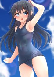 Rule 34 | 1girl, absurdres, asashio (kancolle), black hair, blue eyes, blue one-piece swimsuit, blue sky, blush, breasts, cloud, collarbone, covered navel, cowboy shot, day, gluteal fold, hair between eyes, highres, kantai collection, long hair, looking at viewer, makura (y makura), old school swimsuit, one-piece swimsuit, open mouth, outdoors, school swimsuit, sky, small breasts, smile, solo, swimsuit