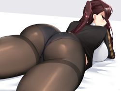Rule 34 | 1girl, ass, black panties, black pantyhose, breast press, breasts, brown hair, girls&#039; frontline, hair ribbon, half updo, highres, huge ass, large breasts, long hair, lying, on stomach, one side up, panties, panties under pantyhose, pantyhose, profile, red eyes, red ribbon, ribbon, sana!rpg, solo, thighband pantyhose, underwear, wa2000 (girls&#039; frontline)