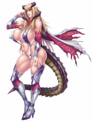 Rule 34 | 1girl, armor, asagiri, black sclera, blonde hair, breasts, cape, colored sclera, covered erect nipples, curvy, demon girl, dragon tail, female focus, full body, hair between eyes, highres, horns, huge breasts, karma (taimanin asagi), lilith-soft, long hair, looking at viewer, muscular, muscular female, nipples, no bra, revealing clothes, shiny clothes, slingshot swimsuit, standing, swimsuit, tail, taimanin (series), taimanin asagi kessen arena, thick thighs, thighs, thong, toned, toned female, torn cape, torn clothes, yellow eyes