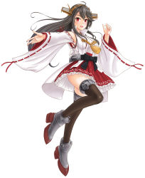 Rule 34 | 1girl, bare shoulders, black hair, boots, camouflage, cannon, dazzle paint, detached sleeves, frilled skirt, frills, full body, hair ornament, hairband, hairclip, haruna (kancolle), headgear, highres, japanese clothes, kantai collection, long hair, nontraditional miko, original remodel (kantai collection), red eyes, red skirt, ribbon-trimmed sleeves, ribbon trim, rigging, skirt, skypixter, solo, thigh boots, thighhighs, turret, wide sleeves
