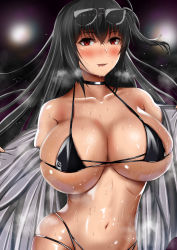Rule 34 | 1girl, :p, ahoge, azur lane, bad id, bare shoulders, bikini, black hair, blurry, blurry background, blush, breasts, choker, cleavage, collarbone, eyewear on head, hair between eyes, hair ornament, heavy breathing, highres, huge breasts, jacket, large breasts, long hair, looking at viewer, micro bikini, off shoulder, official alternate costume, one side up, open clothes, open jacket, race queen, red eyes, ryumonzi414, shiny skin, skindentation, smile, solo, sunglasses, sweat, swimsuit, taihou (azur lane), taihou (enraptured companion) (azur lane), tan, thick thighs, thighs, tongue, tongue out, undressing, very long hair