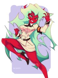 Rule 34 | 1girl, absurdres, arm up, armband, belt, black footwear, border, breasts, buttons, character name, clenched hand, collared shirt, colored skin, demon girl, english text, female focus, fingernails, gluteal fold, green eyes, green hair, grin, hand up, happy, high heels, highres, horns, jacket, leg up, long hair, long sleeves, looking at viewer, medium breasts, messy hair, miniskirt, multicolored eyes, necktie, outside border, panty &amp; stocking with garterbelt, pencil skirt, purple background, purple necktie, red skin, scanty (psg), school uniform, shirt, shoes, sidelocks, simple background, skirt, smile, solo, standing, standing on one leg, teeth, toasty scones, v-shaped eyebrows, very long hair, white border, white shirt, yellow eyes, yellow jacket, yellow skirt