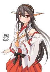 Rule 34 | 1girl, artist name, black hair, brown eyes, commentary request, cowboy shot, dated, detached sleeves, hair ornament, hairband, hairclip, haruna (kancolle), headgear, highres, japanese clothes, kantai collection, long hair, looking at viewer, one-hour drawing challenge, owa (ishtail), popped collar, red skirt, ribbon-trimmed sleeves, ribbon trim, simple background, skirt, solo, white background