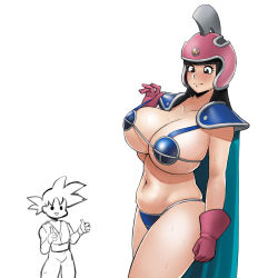 Rule 34 | 1boy, 1girl, adjusting clothes, armor, bikini armor, black eyes, black hair, blunt bangs, blush, breasts, cape, chi-chi (dragon ball), cleavage, closed mouth, collarbone, cowboy shot, donburi (donburikazoku), double thumbs up, dragonball z, embarrassed, gloves, helmet, highres, huge breasts, long hair, looking down, navel, pink gloves, plump, shoulder armor, simple background, skindentation, son goku, spiked hair, sweat, thumbs up, white background