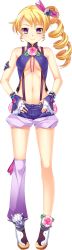 Rule 34 | 1girl, absurdres, bare shoulders, blonde hair, drill hair, frills, full body, game cg, hair ornament, highres, kantaka, koihime musou, long hair, looking at viewer, navel, pink legwear, purple eyes, shoes, shorts, smile, solo, soujin (koihime musou), standing, transparent background, wrist cuffs