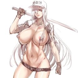 Rule 34 | 10s, 1girl, areola slip, arm up, baseball cap, belt, belt buckle, belt skirt, black belt, black gloves, blood, blood on clothes, breasts, buckle, clenched hand, closed mouth, clothes writing, collarbone, commentary request, contrapposto, convenient censoring, covered erect nipples, cowboy shot, dripping, fingerless gloves, furrowed brow, gloves, gluteal fold, hair over one eye, half-closed eye, hat, hataraku saibou, hataraku saibou black, highres, holding, holding sword, holding weapon, huge breasts, jacket, lips, long hair, long sleeves, looking at viewer, loose belt, navel, no panties, nose, open clothes, open jacket, puffy nipples, q azieru, sagging breasts, serious, simple background, sketch, sleeves rolled up, solo, standing, sword, toned, translation request, u-0001, u-1196, very long hair, weapon, white background, white blood cell (hataraku saibou), white eyes, white hair, white hat, white jacket