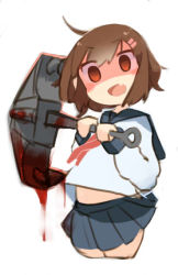 Rule 34 | 10s, 1girl, ahoge, anchor, apupuru, blood, blush, blush stickers, brown hair, empty eyes, fang, ikazuchi (kancolle), kantai collection, looking at viewer, midriff, open mouth, red eyes, school uniform, serafuku, shaded face, short hair, solo, yandere