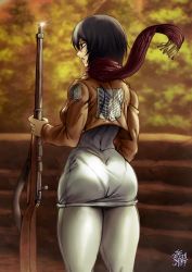 Rule 34 | 1girl, ass, autumn, black hair, breasts, commentary, cropped jacket, derivative work, emblem, english commentary, facing away, from behind, gun, highres, holding, holding weapon, jacket, mikasa ackerman, military jacket, pantyhose, pantylines, red scarf, redrawn, rifle, scarf, screenshot redraw, shield, shingeki no kyojin, short hair, solo, standing, survey corps (emblem), the golden smurf, training corps (emblem), uniform, weapon, white pantyhose, wings