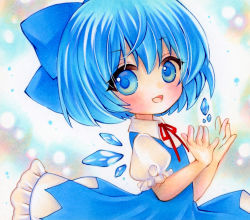 Rule 34 | 1girl, blue bow, blue dress, blue eyes, blue hair, bow, cirno, collared shirt, detached wings, dress, frilled dress, frilled sleeves, frills, from side, hair bow, highres, ice, ice wings, looking at viewer, looking to the side, marker (medium), neck ribbon, open mouth, pinafore dress, puffy short sleeves, puffy sleeves, red ribbon, ribbon, shirt, short hair, short sleeves, simple background, sleeveless dress, smile, solo, touhou, traditional media, white shirt, wings, yuuki hana (jtnp5334)