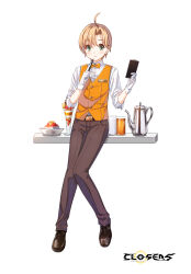 Rule 34 | 1boy, ahoge, alternate hair color, badge, belt, black gloves, blush, bow, bowl, bowtie, brown belt, brown footwear, brown pants, clipboard, closed mouth, closers, coffee pot, collared shirt, copyright name, cup, drinking, drinking glass, food, full body, gloves, green eyes, hands up, highres, holding, holding clipboard, holding pen, knees together feet apart, logo, looking at viewer, male focus, mistilteinn (closers), official art, orange bow, orange bowtie, orange hair, orange vest, oxfords, pants, pen, pen to mouth, shaved ice, shelf, shirt, short hair, sleeves past elbows, solo, standing, tachi-e, traditional bowtie, vest, waistcoat, waiter, white background, white shirt