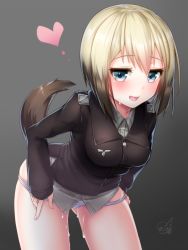 Rule 34 | 1girl, blonde hair, blush, breasts, dog tail, doyouwantto, erica hartmann, gluteal fold, grey background, leaning forward, medium breasts, panties, panty pull, pussy juice, short hair, solo, strike witches, tail, thighs, underwear, uniform, white panties, world witches series