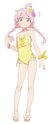 Rule 34 | 1girl, ahoge, bare arms, bare legs, bare shoulders, braid, breasts, brown eyes, choker, collarbone, earrings, flower, flower earrings, frilled one-piece swimsuit, frills, full body, hair between eyes, hair flower, hair ornament, highres, jewelry, long hair, looking at viewer, low twin braids, one-piece swimsuit, onii-chan wa oshimai!, oyama mahiro, petite, pink choker, pink hair, saiste, sandals, simple background, small breasts, solo, standing, swimsuit, twin braids, white background, yellow one-piece swimsuit