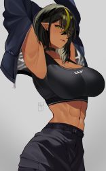 Rule 34 | 1girl, abs, armpits, arms up, artist logo, black bra, black choker, black hair, black jacket, black shorts, blonde hair, bra, breasts, choker, cleavage, closed mouth, colored inner hair, commentary, cowboy shot, dark-skinned female, dark skin, earrings, eyelashes, eyes visible through hair, grey background, hair between eyes, highres, j.moon, jacket, jewelry, large breasts, lilith (lilycious), lips, lipstick, looking at viewer, makeup, mole, mole under mouth, multicolored hair, navel, open clothes, open jacket, original, pointy ears, red lips, short hair, shorts, simple background, smile, solo, sports bra, stomach, streaked hair, symbol-only commentary, toned, underwear, unzipped, white hair, yellow eyes