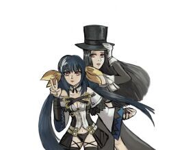 Rule 34 | 1girl, 1other, black hair, blue hair, dizzy (guilty gear), guilty gear, guilty gear strive, guilty gear xrd, hat, holding hands, moontears, red eyes, testament (guilty gear), thighhighs, top hat, twintails