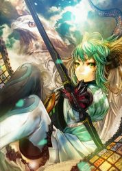 Rule 34 | 1girl, asai genji, atalanta (fate), bird, bow, dyed bangs, eagle, fate/apocrypha, fate/grand order, fate (series), gauntlets, green eyes, green hair, holding, holding weapon, looking at viewer, matching hair/eyes, official art, resized, solo, upscaled, waifu2x, weapon