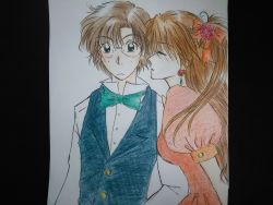 Rule 34 | 1boy, 1girl, aida kensuke, blush, bow, bowtie, breasts, brown eyes, brown hair, closed eyes, couple, dress, earrings, evangelion: 3.0+1.0 thrice upon a time, formal, freckles, frown, glasses, gloves, highres, jewelry, long hair, neon genesis evangelion, puffy short sleeves, puffy sleeves, rebuild of evangelion, ribbon, short sleeves, souryuu asuka langley, suit