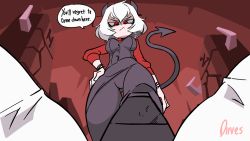 Rule 34 | 1boy, 1girl, animated, animated gif, black pants, black vest, blush, breasts, closed mouth, crotch stomping, demon girl, demon horns, demon tail, diives, english text, engrish text, femdom, hand on own hip, helltaker, hetero, horns, large breasts, looking at viewer, looking away, malina (helltaker), masochism, pants, pantyhose, pov, ranguage, red eyes, red shirt, shirt, short hair, silver hair, solo focus, speech bubble, stomping, tail, teeth, vest, waistcoat