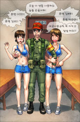 Rule 34 | 1boy, 2girls, blush, grabbing another&#039;s breast, breasts, brown eyes, brown hair, closed eyes, female soldier, fingering, girl sandwich, gogocherry, grabbing, green hair, groping, highres, korean text, large breasts, multiple girls, no bra, open mouth, sandwiched, short hair, short shorts, shorts, soldier, translated, uniform