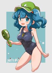 Rule 34 | 1girl, black tank top, blue eyes, blue hair, breasts, character name, collarbone, cropped legs, electric fan, feet out of frame, flat cap, green hat, hair bobbles, hair ornament, handheld fan, hat, highres, holding, kawashiro nitori, key, looking at viewer, medium breasts, medium hair, solo, speech bubble, tank top, textless version, touhou, two side up, uisu (noguchipint)