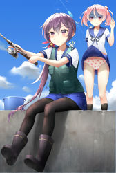 Rule 34 | 10s, 2girls, ?, accidental exposure, akebono (kancolle), animal, animal on shoulder, arm behind back, assisted exposure, bell, black footwear, black legwear, blue sky, boots, bucket, rabbit, clothes lift, cloud, comic, commentary request, day, dock, embarrassed, failure, fishing, fishing line, fishing rod, flower, food print, green vest, hair bell, hair between eyes, hair bobbles, hair flower, hair ornament, hand up, highres, kantai collection, long hair, multiple girls, panties, pantyhose, pantyshot, pink eyes, pink hair, print panties, purple eyes, purple hair, raised eyebrow, rubber boots, sazanami (kancolle), school uniform, serafuku, shaded face, shadow, short sleeves, side ponytail, sitting, skirt, skirt caught on object, skirt lift, sky, somalisu, standing, strawberry panties, strawberry print, turn pale, twintails, underwear, upskirt, vest