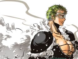 1boy cape closed_mouth cross-laced_clothes cross-laced_top eyemask fur_cape goggles green_hair hashtag-only_commentary highres male_focus mrjieshisu one_piece profile roronoa_zoro short_hair shoulder_pads sideburns solo stitched_torso stitches upper_body white_cape