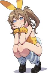 Rule 34 | 1girl, alternate costume, animal ears, antenna hair, blue eyes, blush, brown hair, commentary request, fake animal ears, fake tail, fang, full body, grey leg warmers, hands on own chin, head rest, high heels, highleg, highleg leotard, highres, kasukabe tsumugi, kimutomo 2, leg warmers, leotard, loafers, long hair, looking at viewer, one side up, playboy bunny, rabbit ears, rabbit tail, raised eyebrows, scrunchie, shoes, simple background, skin fang, smile, solo, squatting, strapless, strapless leotard, tail, voicevox, white background, wrist scrunchie, yellow leotard