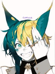 Rule 34 | 1other, animal ears, blonde hair, blue eyes, blue hair, fangs, grin, hand over eye, hand up, jewelry, long sleeves, looking at viewer, multicolored eyes, multicolored hair, one eye closed, original, pigeon666, portrait, ring, simple background, slit pupils, smile, split-color hair, two-tone hair, white background