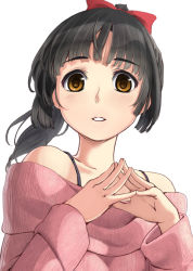 Rule 34 | 1girl, bad id, bad pixiv id, black hair, bow, brown eyes, fingers together, hair bow, long hair, original, ponytail, solo, sweater, upper body, yoropa