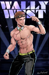 Rule 34 | 1boy, abs, artist name, belt, black pants, character name, dc comics, detached collar, evinist, eyewear on head, highres, male focus, navel, nipples, pants, red hair, short hair, smile, solo, topless male, wally west, wrist cuffs, yellow belt, young justice
