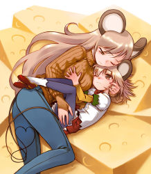 Rule 34 | 2girls, age difference, animal ears, bad id, bad pixiv id, grabbing another&#039;s breast, breasts, brown eyes, cheese, denim, food, grabbing, hug, jeans, lying, medium breasts, mother and daughter, mouse ears, multiple girls, nakamura tetsuya, on side, one eye closed, orange shirt, pants, pantyhose, ribbed sweater, shirt, sweater, tail, turtleneck, wink