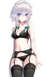 Rule 34 | 1girl, bad id, bad nicoseiga id, bare arms, bare shoulders, black bow, black bra, black panties, black thighhighs, blue eyes, bow, bra, braid, breasts, cleavage, collarbone, cowboy shot, garter belt, gluteal fold, green bow, hair bow, highres, izayoi sakuya, looking at viewer, maid headdress, medium breasts, momendoufu, navel, panties, revision, shadow, short hair, silver hair, simple background, solo, standing, stomach, thighhighs, thighs, touhou, twin braids, underwear, underwear only, white background