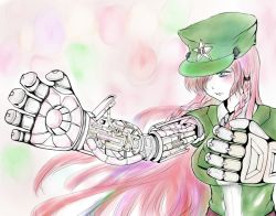 Rule 34 | 1girl, bad id, bad pixiv id, braid, breasts, female focus, gogono, gradient background, green eyes, hat, hong meiling, long hair, mechanical arms, partially colored, red hair, single mechanical arm, solo, touhou, twin braids, upper body