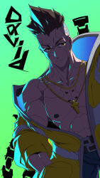 Rule 34 | 1boy, abs, belt, black belt, black hair, blue pants, brown eyes, character name, cross, cross necklace, cyberpunk (series), cyberpunk edgerunners, cyborg, david martinez, dongle e, hand in pocket, highres, jacket, jewelry, looking to the side, male focus, mohawk, necklace, no shirt, open clothes, open jacket, pants, pectorals, solo, toned, toned male, yellow jacket