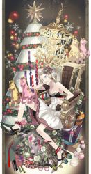 Rule 34 | angry, bad id, bad pixiv id, bare shoulders, chair, chandelier, christmas ornaments, christmas tree, dress, flat chest, flower, gem, gift, gloves, hair flower, hair ornament, high heels, highres, nishihara isao, reindeer, shoes